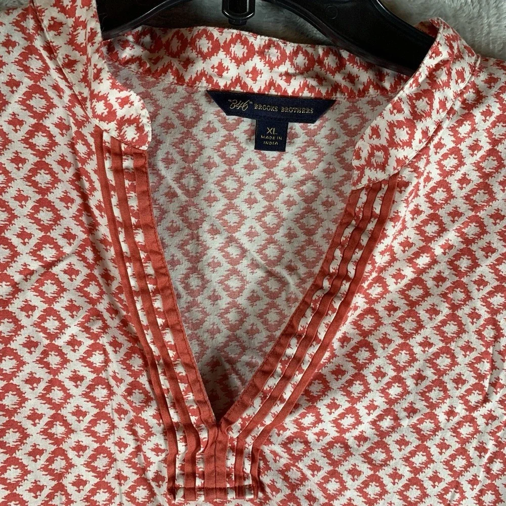 Brooks Brothers Women's Tunic XL Orange White Ikat Geometric 3/4 Sleeve Cotton‎